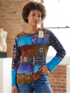The collection Royal Patchwork Pattern Long-Sleeve Blouse - Blue Multi